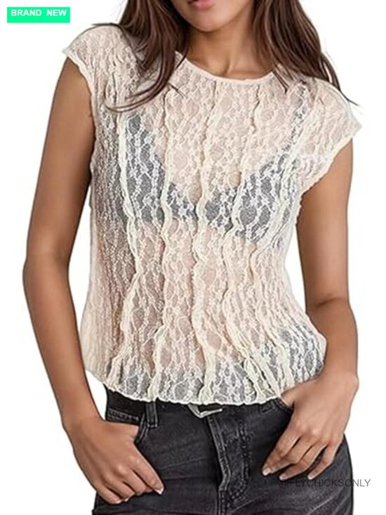 Tops - Mesh Lace Sleeveless Crop Tank Top Sheer Pleated Summer